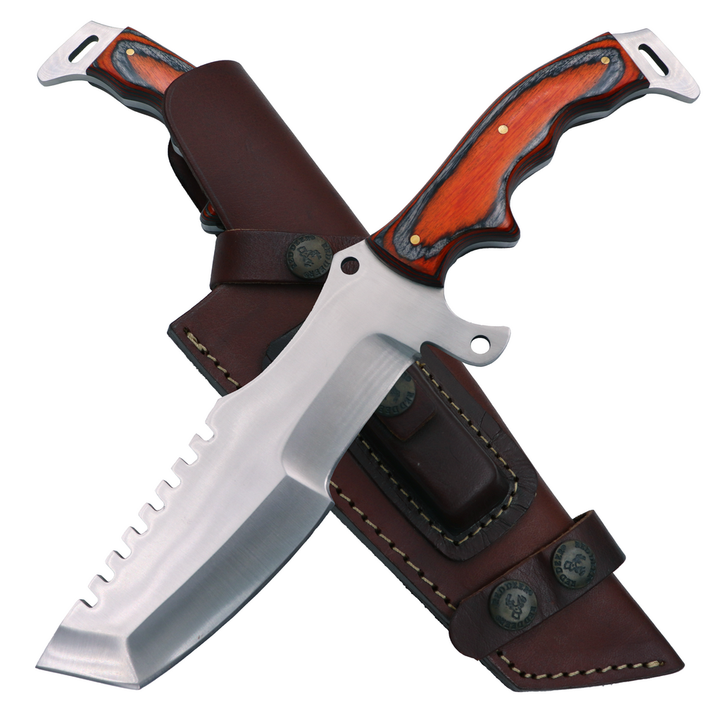12'' D2 Full Tang Bushcraft Survival Tracker Combat Hunting Knife with Orange Pakka Wood and Cowhide Leather Sheath