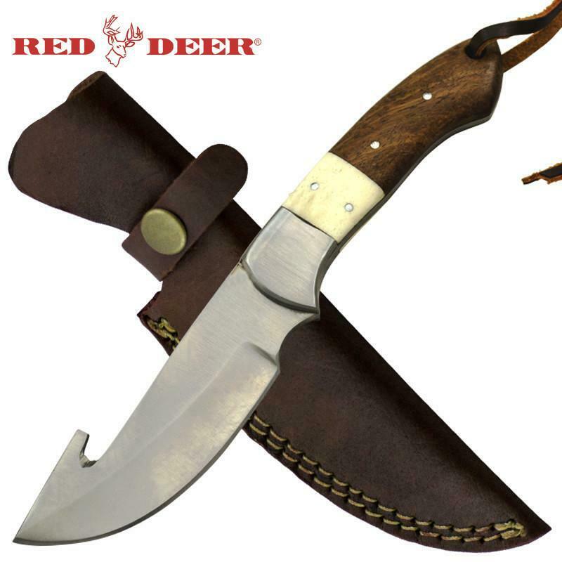 Red Deer® 8.5" Wood and Bone Handle Gut Hook Knife Leather Sheath