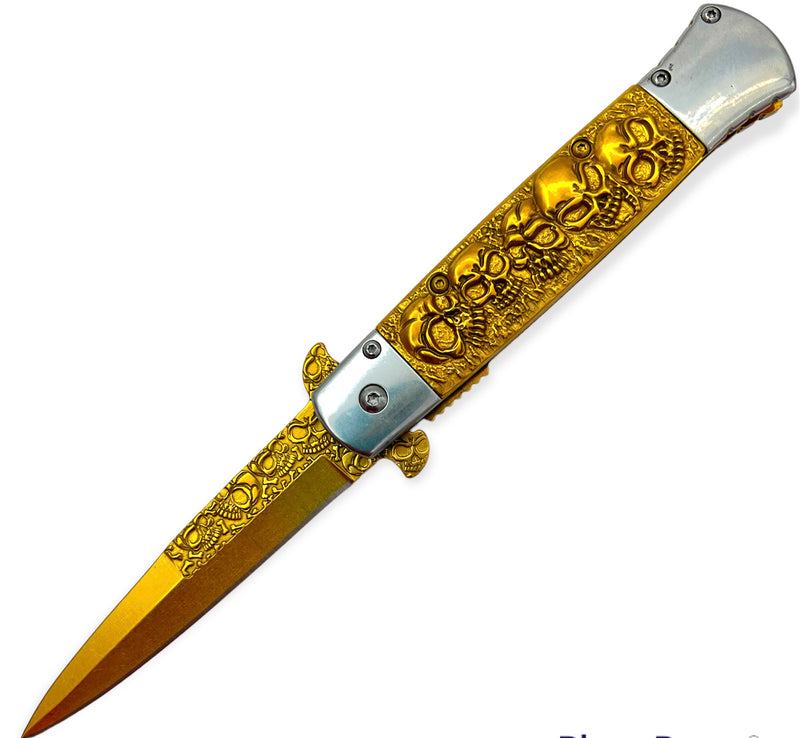 Tiger USA Gold Folding Knife Skulls