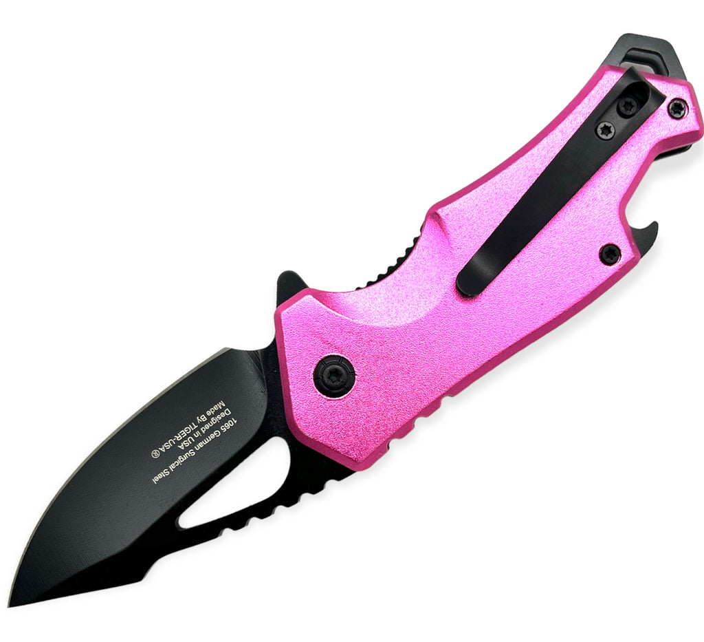 DROP POINT PINK FOLDING KNIFE With  BEER BOTTLE OPENER