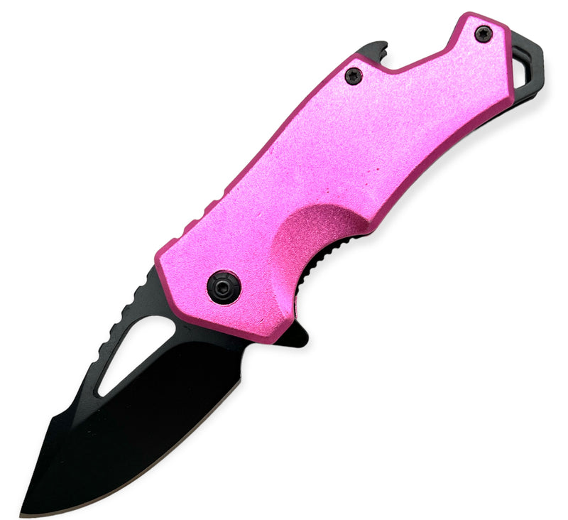 DROP POINT PINK FOLDING KNIFE With  BEER BOTTLE OPENER