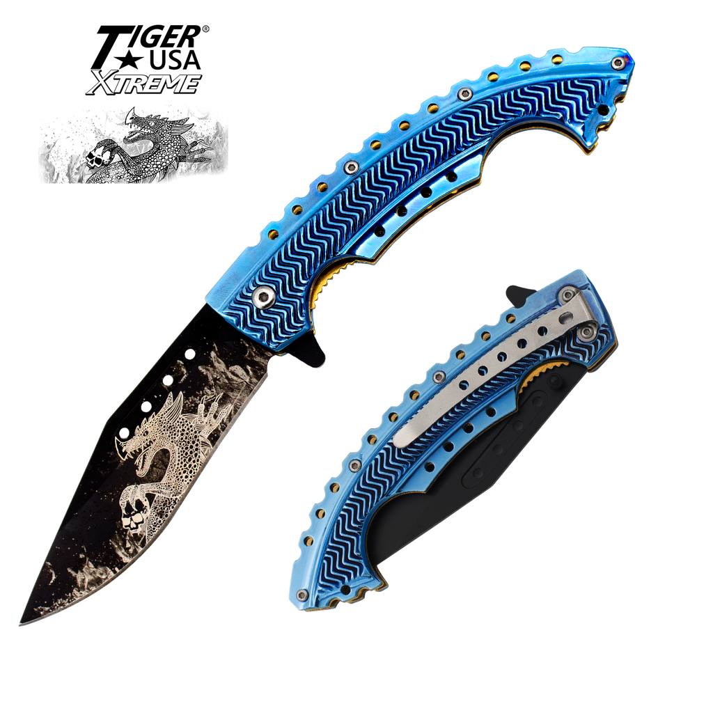 Blue Fire Dragon Strike Trigger Action Knife, , Panther Trading Company- Panther Wholesale