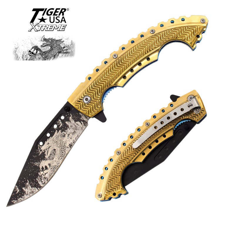 Gold Fire Dragon Trigger Action Knife, , Panther Trading Company- Panther Wholesale