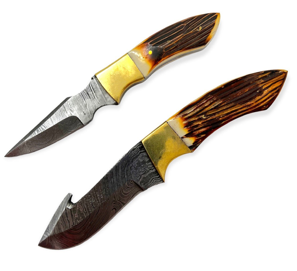 Red Deer Gutting and Skinning Knives Damascus Blade 2 Piece Set with Leather Sheath