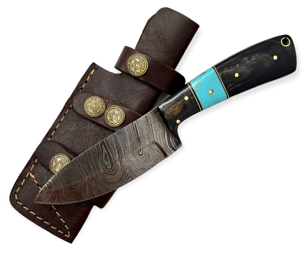 Red Deer® Damuscus Hunting Knife W. CaseBlack/ Blue Handle