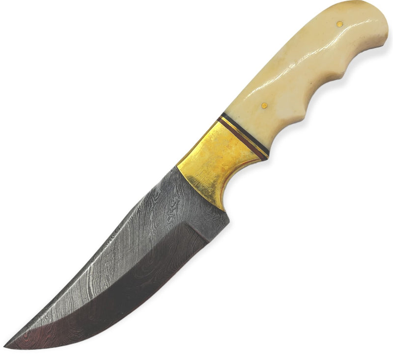 Damuscus Hunting Knife W. Case Real Red Deer® Bone/gold Handle