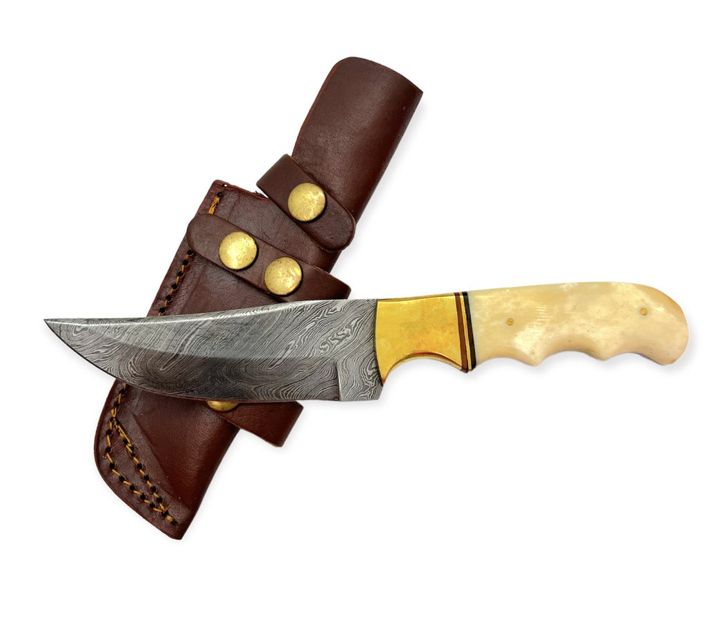 Damuscus Hunting Knife W. Case Real Red Deer® Bone/gold Handle